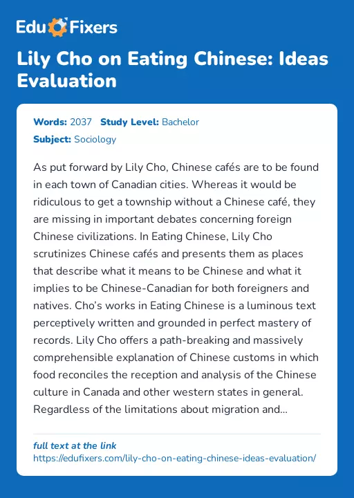 Lily Cho on Eating Chinese: Ideas Evaluation - Essay Preview