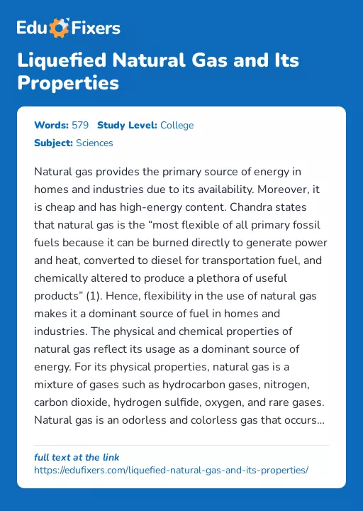 Liquefied Natural Gas and Its Properties - Essay Preview