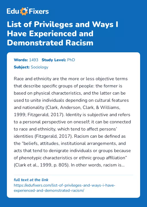 List of Privileges and Ways I Have Experienced and Demonstrated Racism - Essay Preview