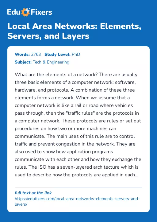Local Area Networks: Elements, Servers, and Layers - Essay Preview