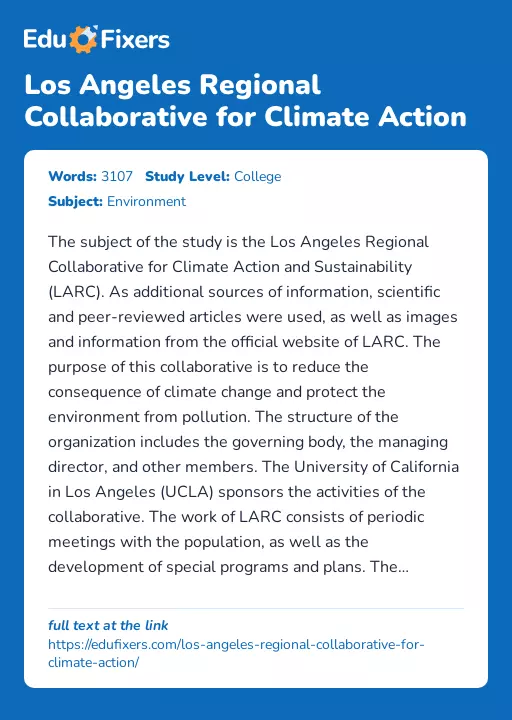 Los Angeles Regional Collaborative for Climate Action - Essay Preview