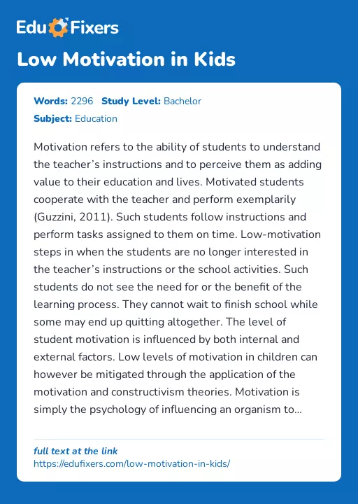 Low Motivation in Kids - Essay Preview