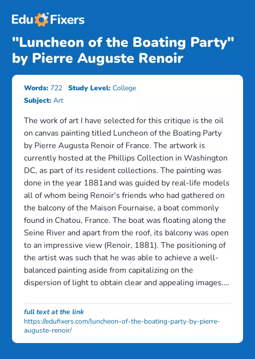 "Luncheon of the Boating Party" by Pierre Auguste Renoir - Essay Preview