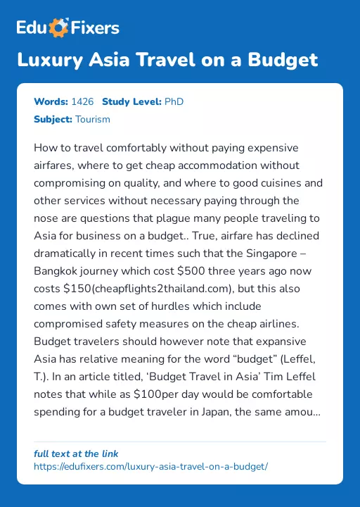 Luxury Asia Travel on a Budget - Essay Preview