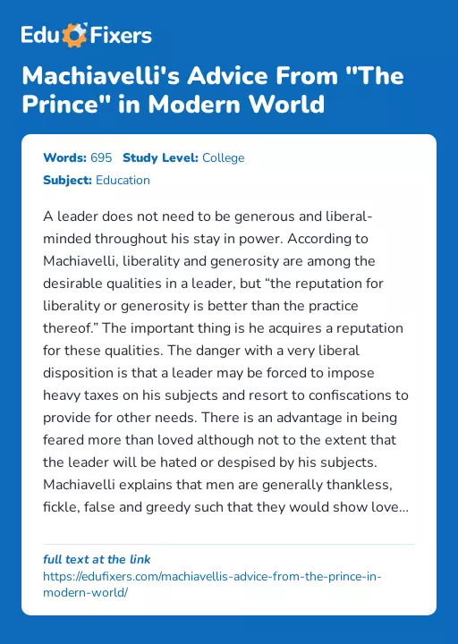Machiavelli's Advice From "The Prince" in Modern World - Essay Preview