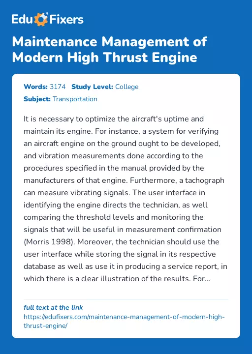 Maintenance Management of Modern High Thrust Engine - Essay Preview