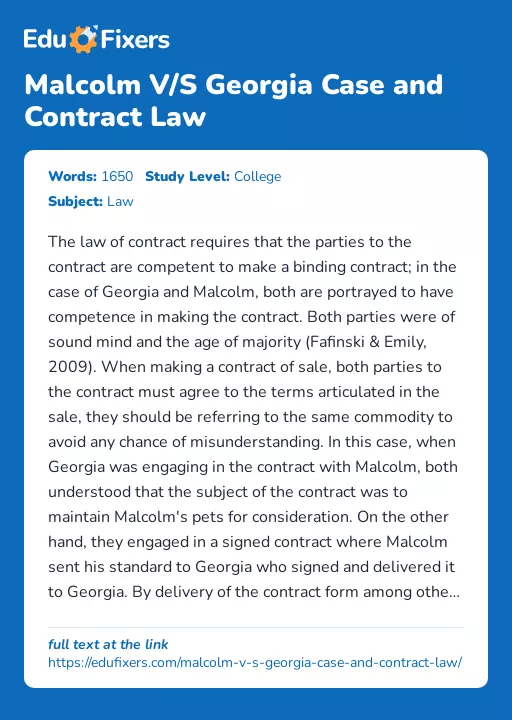 Malcolm V/S Georgia Case and Contract Law - Essay Preview