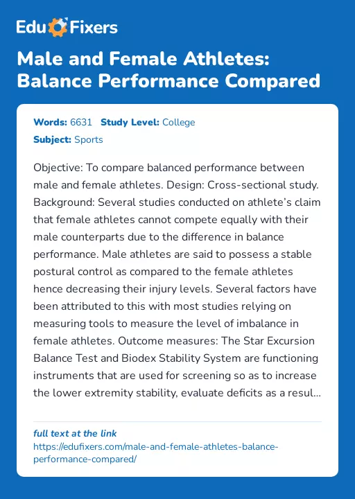 Male and Female Athletes: Balance Performance Compared - Essay Preview