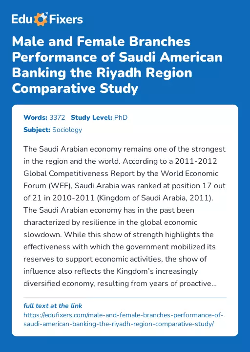 Male and Female Branches Performance of Saudi American Banking the Riyadh Region Comparative Study - Essay Preview