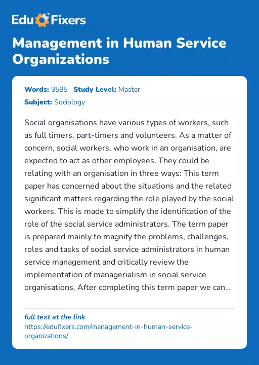 Management in Human Service Organizations - Essay Preview