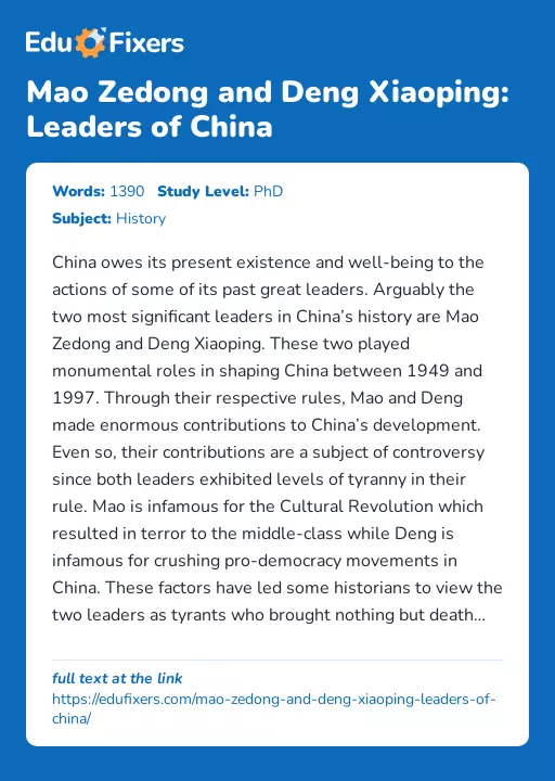 Mao Zedong and Deng Xiaoping: Leaders of China - Essay Preview
