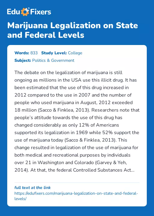 Marijuana Legalization on State and Federal Levels - Essay Preview