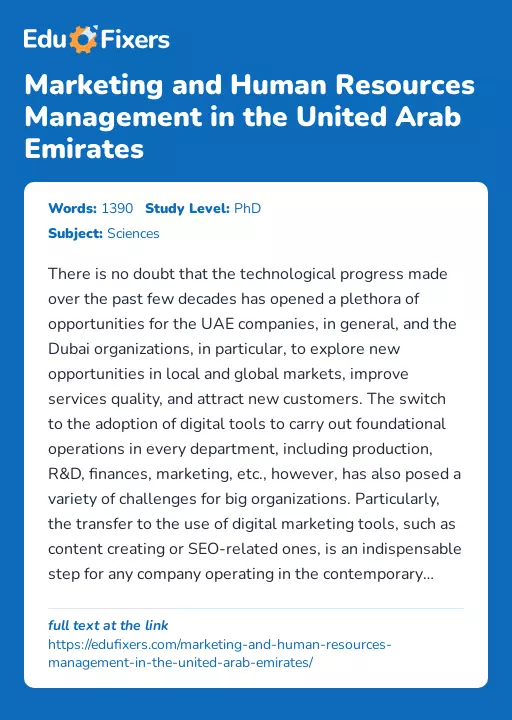 Marketing and Human Resources Management in the United Arab Emirates - Essay Preview