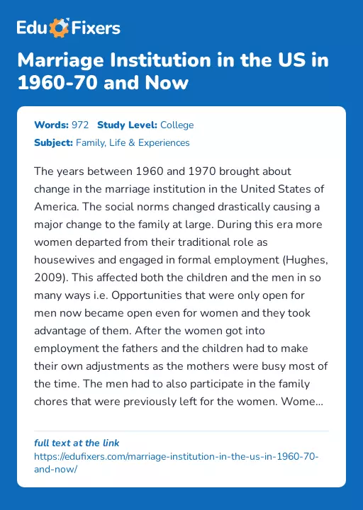 Marriage Institution in the US in 1960-70 and Now - Essay Preview