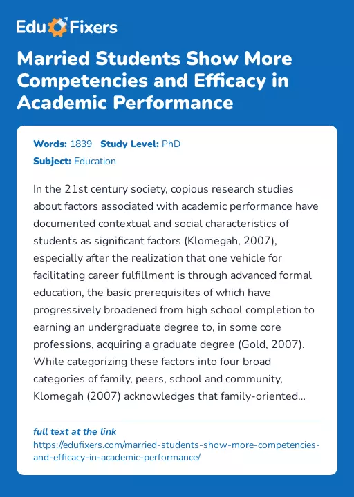 Married Students Show More Competencies and Efficacy in Academic Performance - Essay Preview