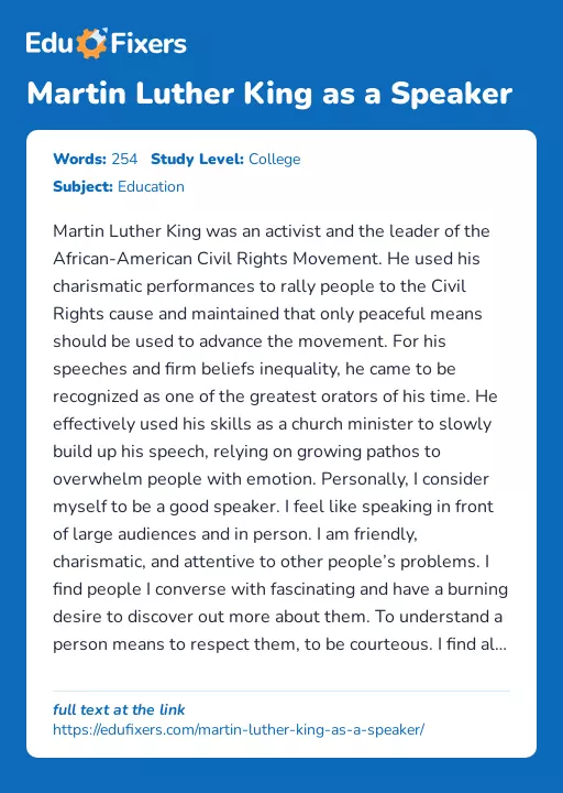 Martin Luther King as a Speaker - Essay Preview