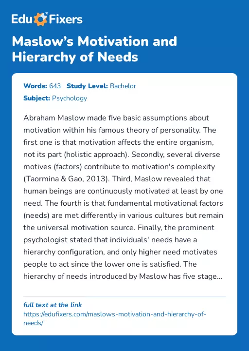 Maslow’s Motivation and Hierarchy of Needs - Essay Preview