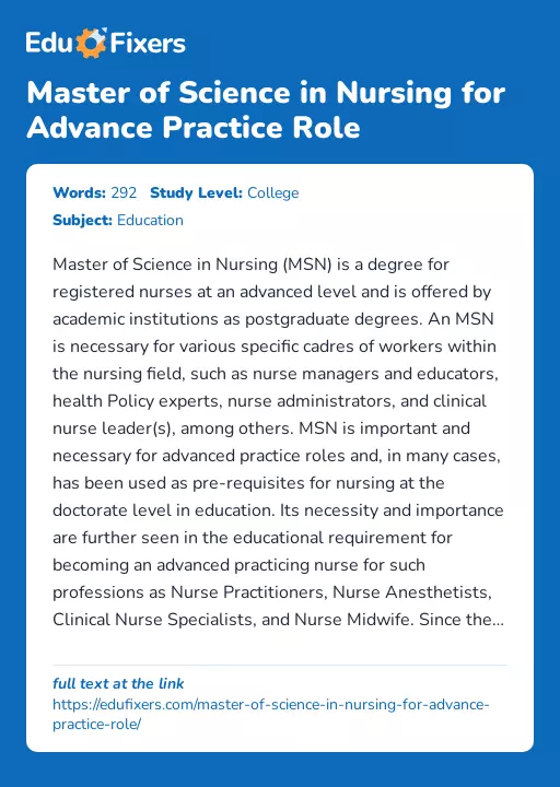 Master of Science in Nursing for Advance Practice Role - Essay Preview