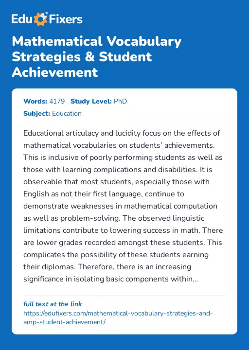 Mathematical Vocabulary Strategies & Student Achievement - Essay Preview