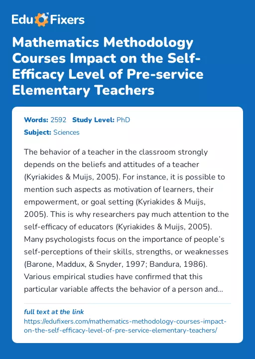 Mathematics Methodology Courses Impact on the Self-Efficacy Level of Pre-service Elementary Teachers - Essay Preview