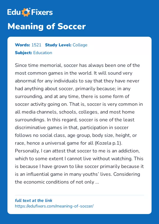 Meaning of Soccer - Essay Preview