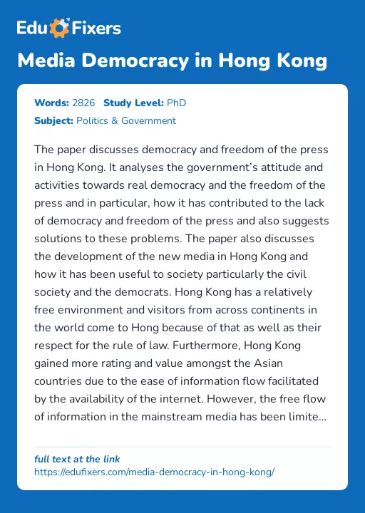Media Democracy in Hong Kong - Essay Preview
