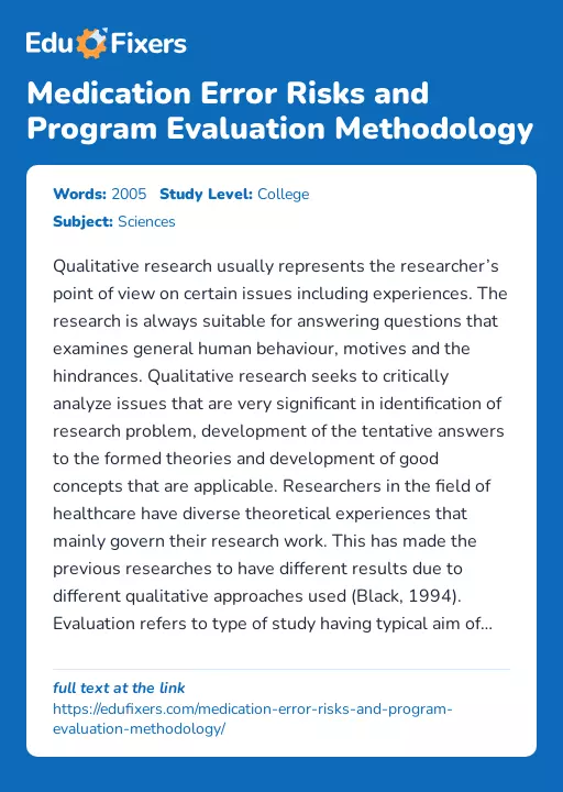 Medication Error Risks and Program Evaluation Methodology - Essay Preview