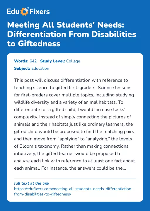 Meeting All Students' Needs: Differentiation From Disabilities to Giftedness - Essay Preview