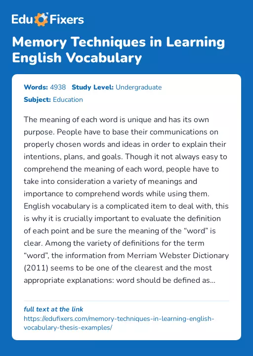 Memory Techniques in Learning English Vocabulary - Essay Preview