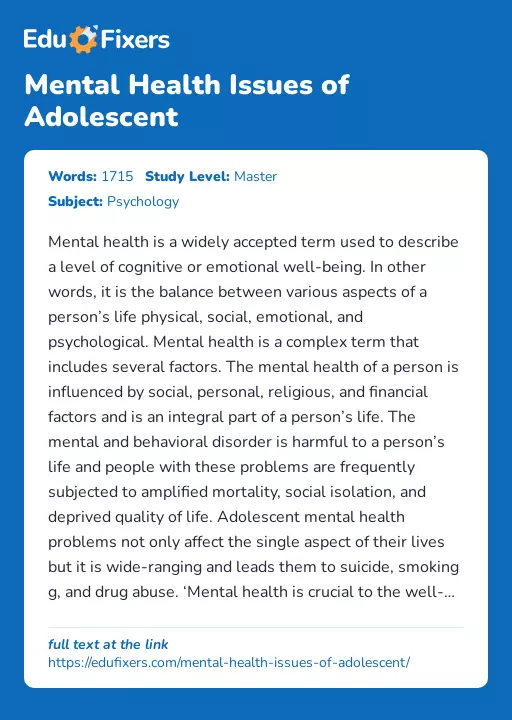 Mental Health Issues of Adolescent - Essay Preview