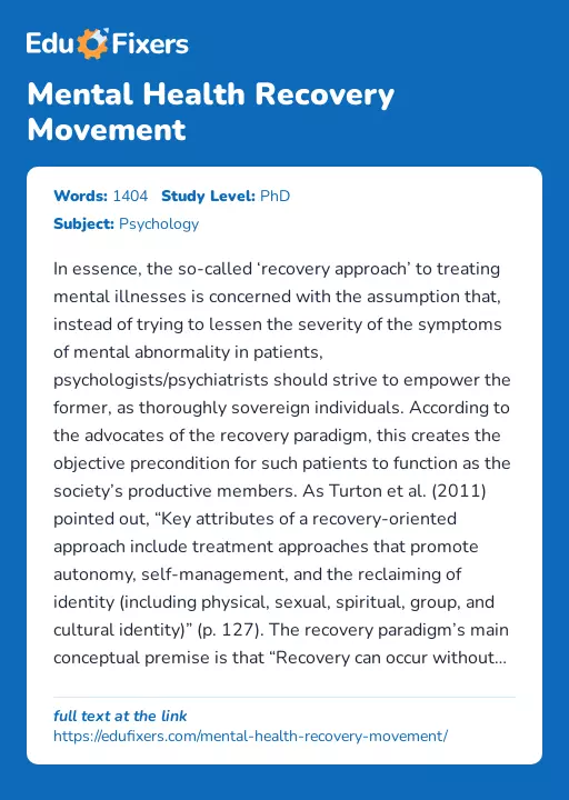 Mental Health Recovery Movement - Essay Preview
