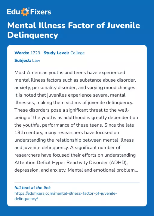 Mental Illness Factor of Juvenile Delinquency - Essay Preview