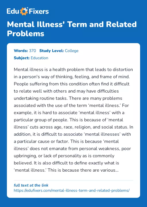 Mental Illness' Term and Related Problems - Essay Preview