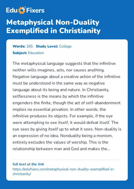 Metaphysical Non-Duality Exemplified in Christianity - Essay Preview
