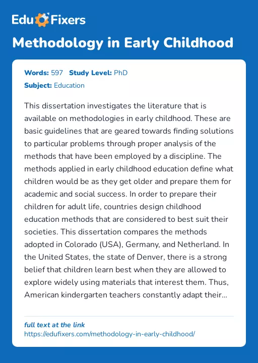 Methodology in Early Childhood - Essay Preview