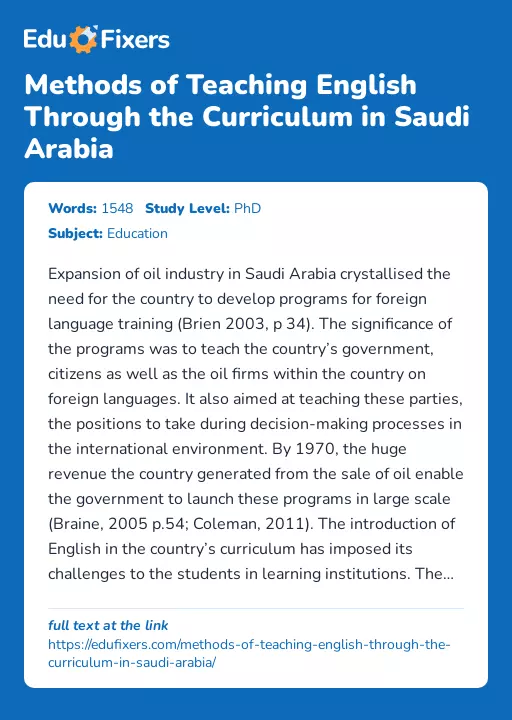 Methods of Teaching English Through the Curriculum in Saudi Arabia - Essay Preview