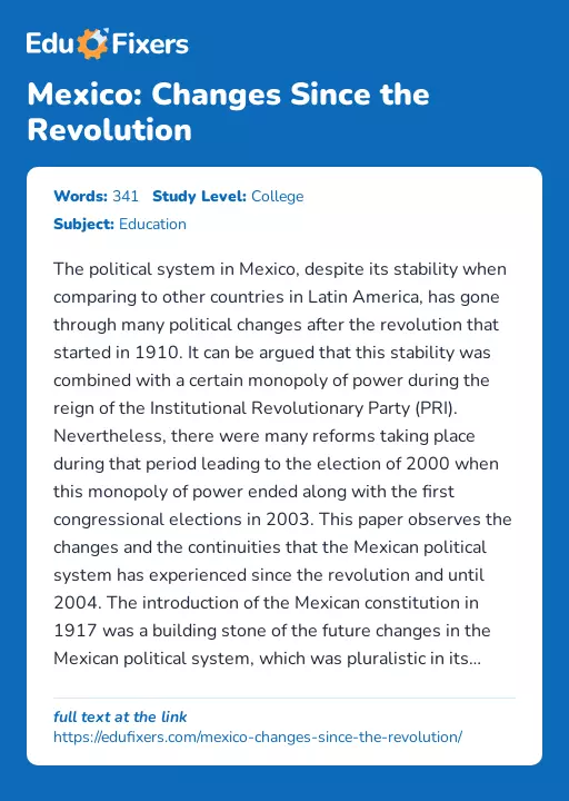 Mexico: Changes Since the Revolution - Essay Preview
