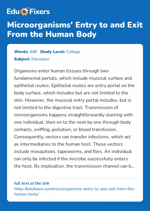 Microorganisms' Entry to and Exit From the Human Body - Essay Preview