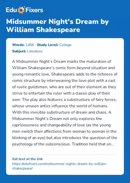 Midsummer Night's Dream by William Shakespeare - Essay Preview