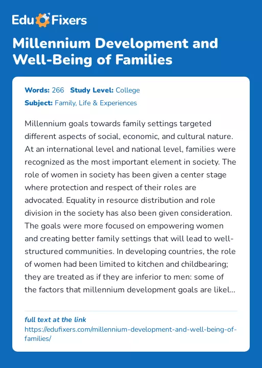 Millennium Development and Well-Being of Families - Essay Preview