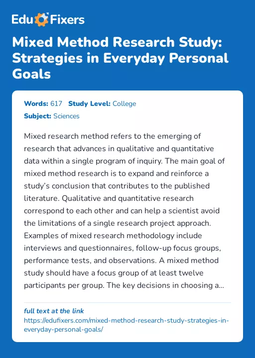 Mixed Method Research Study: Strategies in Everyday Personal Goals - Essay Preview