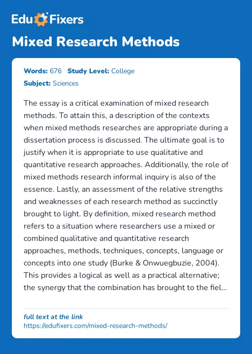 Mixed Research Methods - Essay Preview