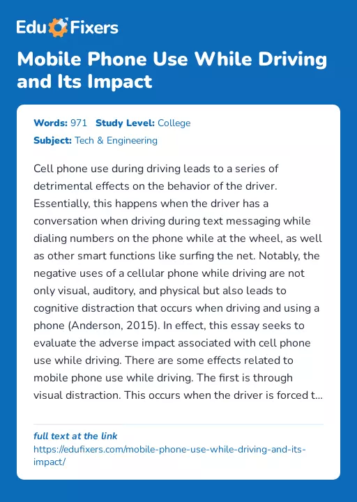 Mobile Phone Use While Driving and Its Impact - Essay Preview