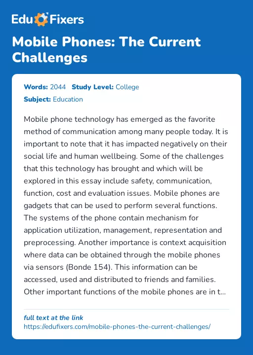 Mobile Phones: The Current Challenges - Essay Preview