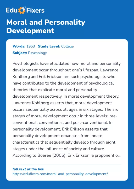 Moral and Personality Development - Essay Preview