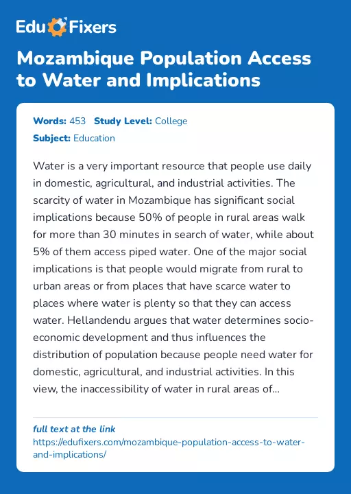 Mozambique Population Access to Water and Implications - Essay Preview