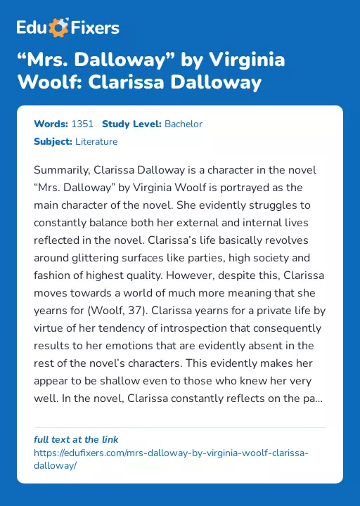 “Mrs. Dalloway” by Virginia Woolf: Clarissa Dalloway - Essay Preview