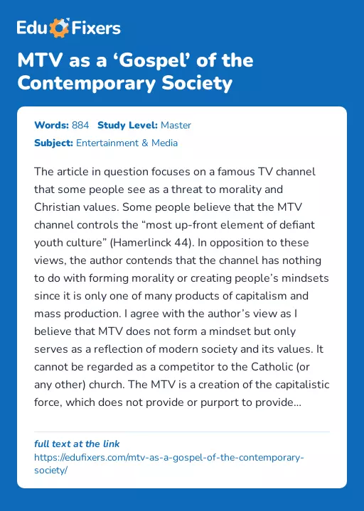 MTV as a ‘Gospel’ of the Contemporary Society - Essay Preview