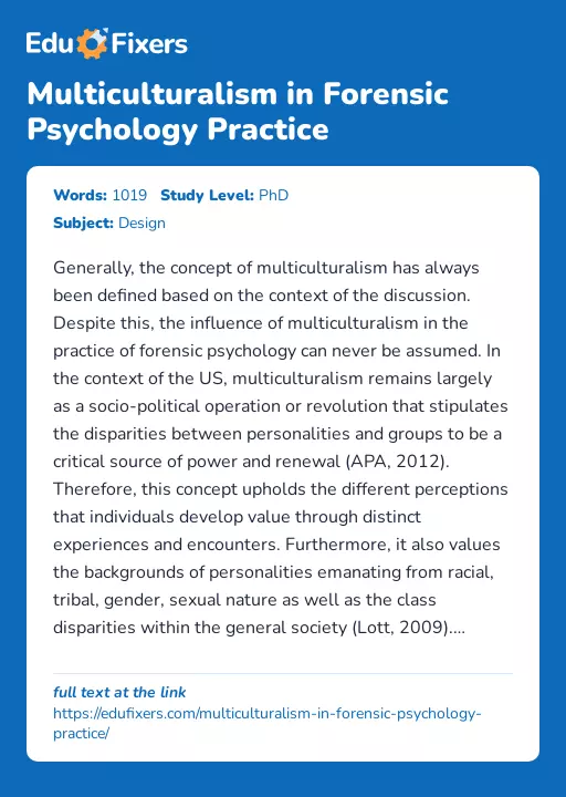 Multiculturalism in Forensic Psychology Practice - Essay Preview