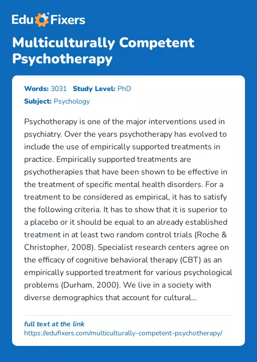 Multiculturally Competent Psychotherapy - Essay Preview